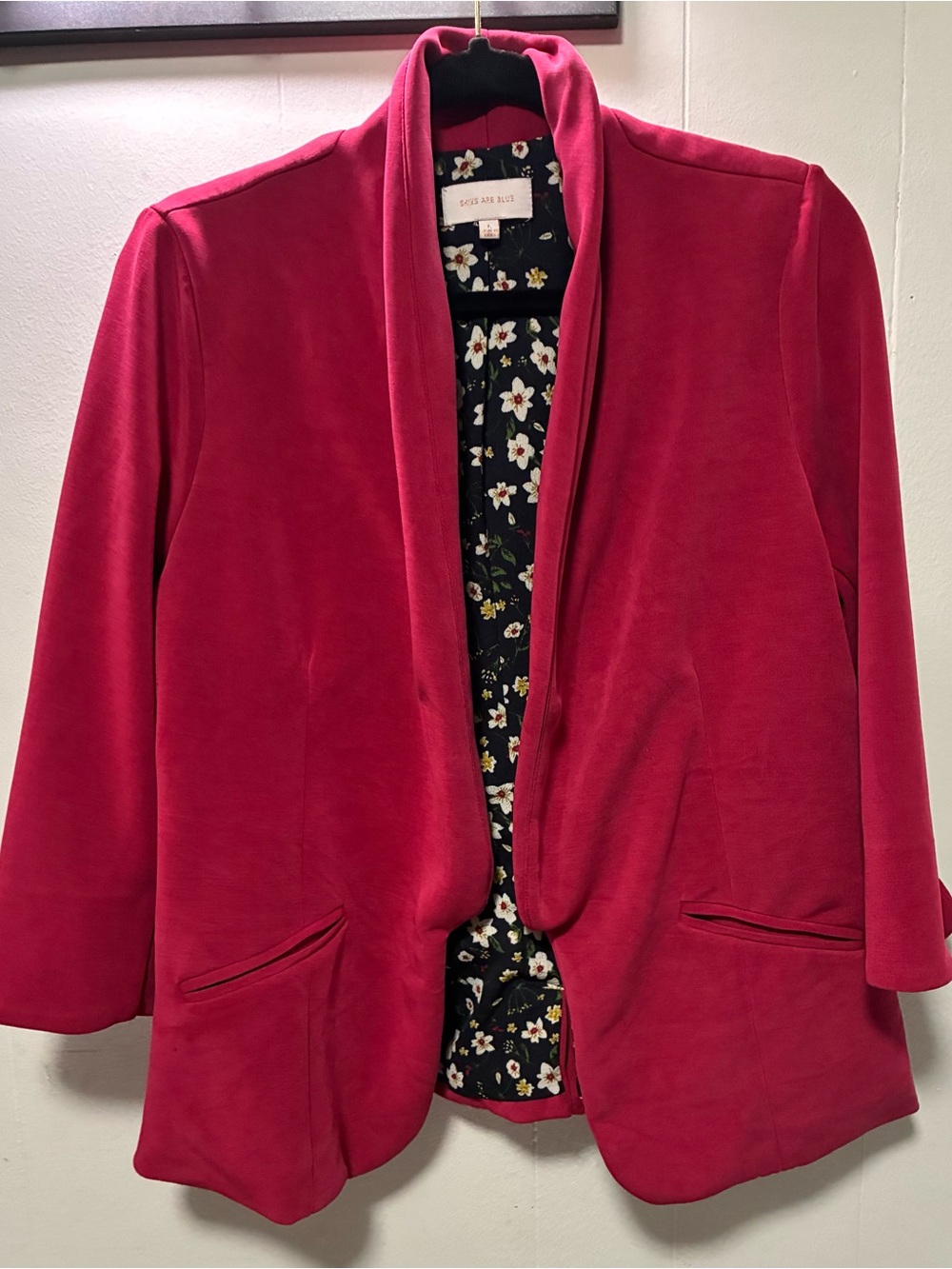 Skies Are Blue Women’s Large Red Blazer Open Front 3/4 Sleeve Floral Lined